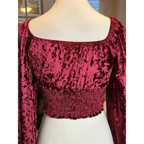 Altar’d State Crushed Velvet Long Sleeve Burgundy Crop top - Picture 3 of 4
